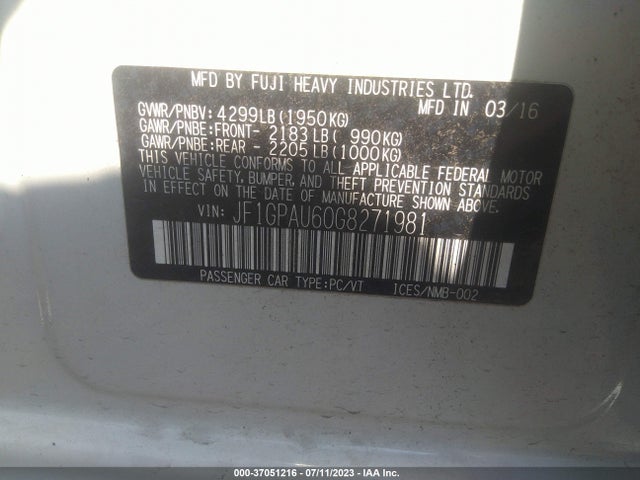 JF1GPAU60G8271981 Subaru Impreza Wagon 2.0i Sport Limited