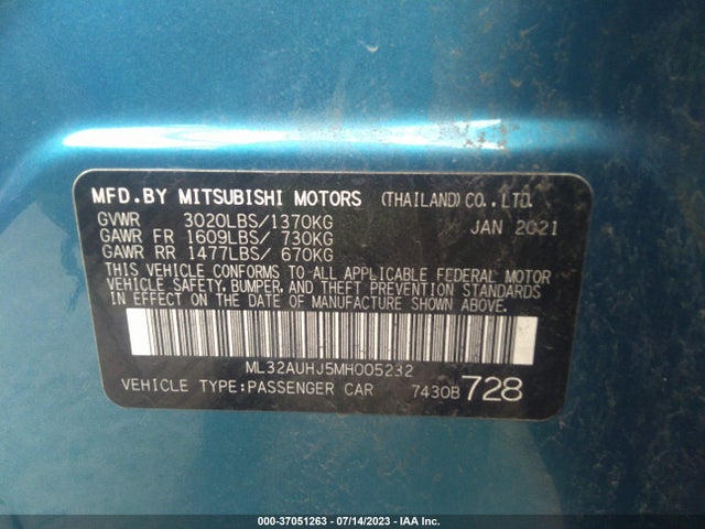 2021 MITSUBISHI MIRAGE ES/LE/CARBONITE EDITION VIN: ML32AUHJ5MH005232