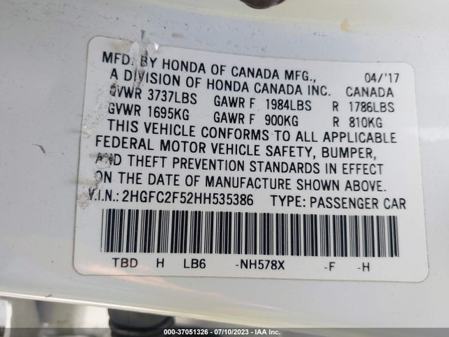 Honda Civic Sedan Lx 2017 2HGFC2F52HH535386 Image 9
