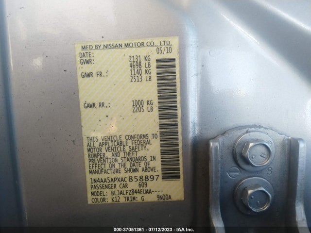 2010 NISSAN MAXIMA 3.5 SV W/SPORT PKG VIN: 1N4AA5APXAC858897