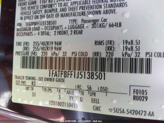 1FATP8FF1J5138501 Ford Mustang Gt Premium