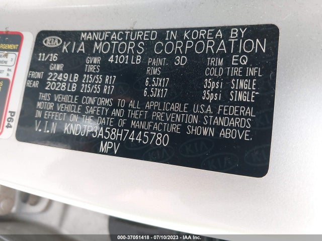 KIA SOUL + 2017 KNDJP3A58H7445780 Image 9