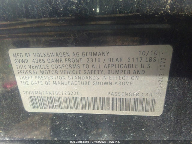 2011 VOLKSWAGEN CC R-LINE VIN: WVWMN7AN7BE725235