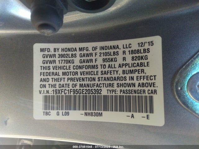 2016 HONDA CIVIC SEDAN TOURING VIN: 19XFC1F95GE205392