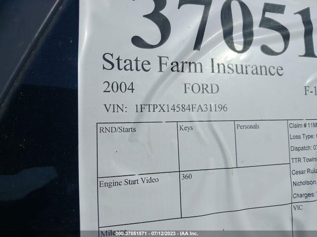 2004 FORD F-150 XLT/FX4/LARIAT/XL VIN: 1FTPX14584FA31196