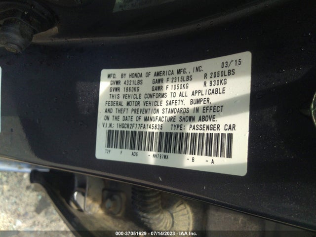 Honda ACCORD EX 2015 1HGCR2F77FA145835 Image 9