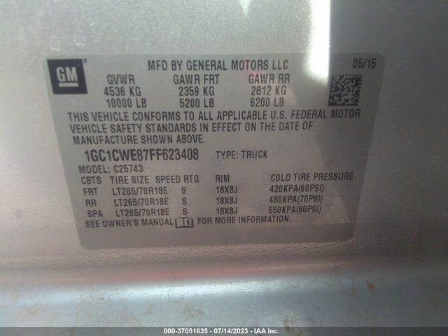 2015 CHEVROLET SILVERADO 2500HD LTZ VIN: 1GC1CWE87FF623408