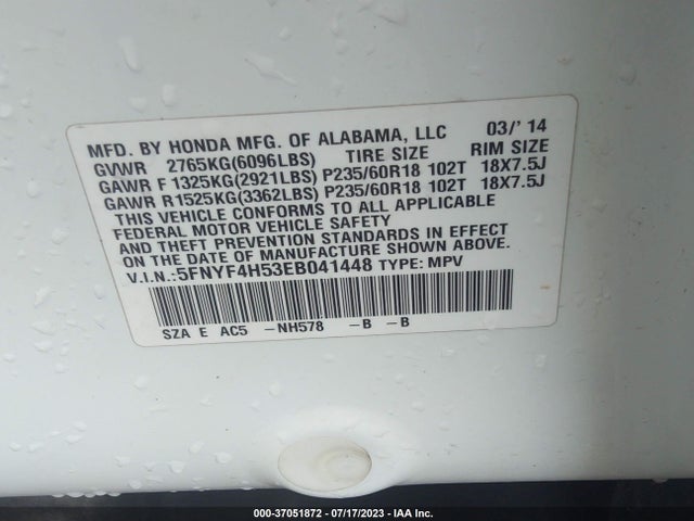 2014 HONDA PILOT EX-L VIN: 5FNYF4H53EB041448