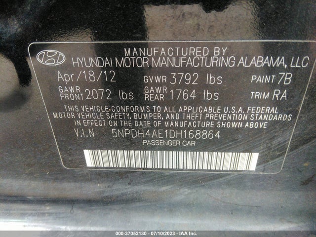 2013 HYUNDAI ELANTRA LIMITED PZEV VIN: 5NPDH4AE1DH168864