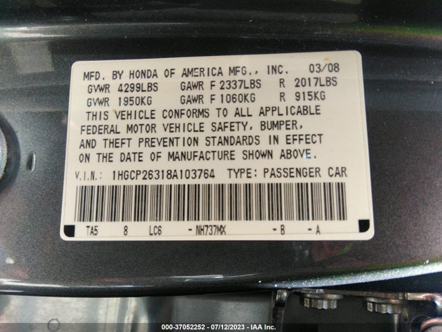 2008 HONDA ACCORD SDN LX VIN: 1HGCP26318A103764