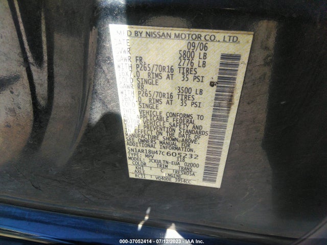 2007 NISSAN PATHFINDER SE VIN: 5N1AR18U47C605232