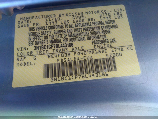 37052513 :رقم المزاد ، 3N1BC1CP7BL443186 vin ، 2011 Nissan Versa 1.8 S مزاد بيع