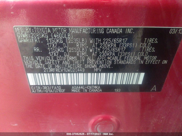 2013 TOYOTA RAV4 XLE VIN: 2T3RFREV1DW020449
