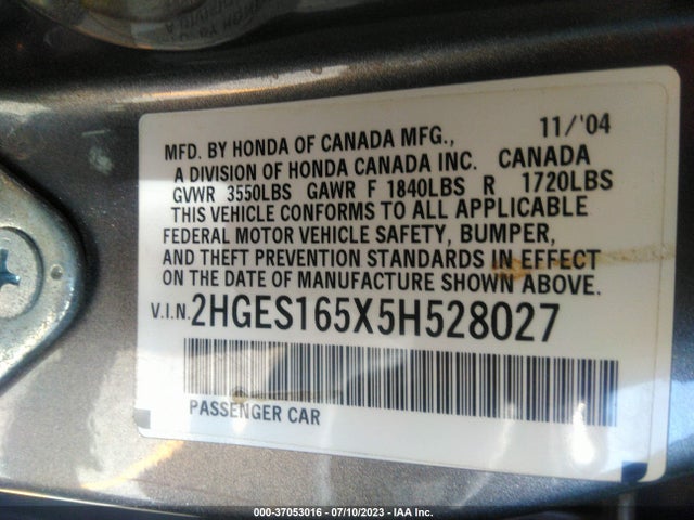2005 HONDA CIVIC SDN LX VIN: 2HGES165X5H528027