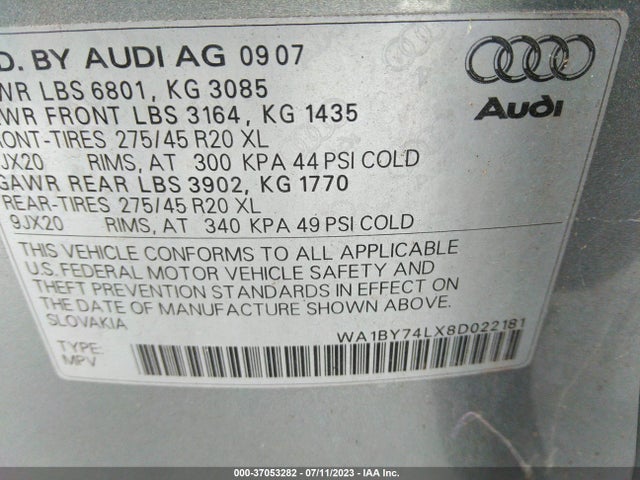 2008 AUDI Q7 3.6L PREMIUM VIN: WA1BY74LX8D022181
