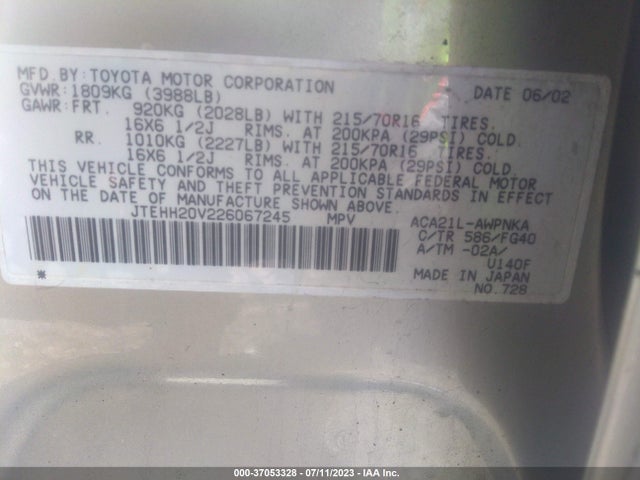 2002 TOYOTA RAV4 VIN: JTEHH20V226067245