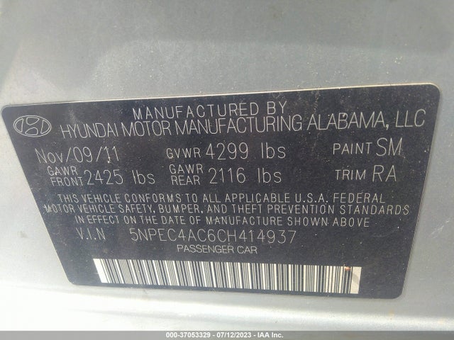 2012 HYUNDAI SONATA 2.4L SE VIN: 5NPEC4AC6CH414937