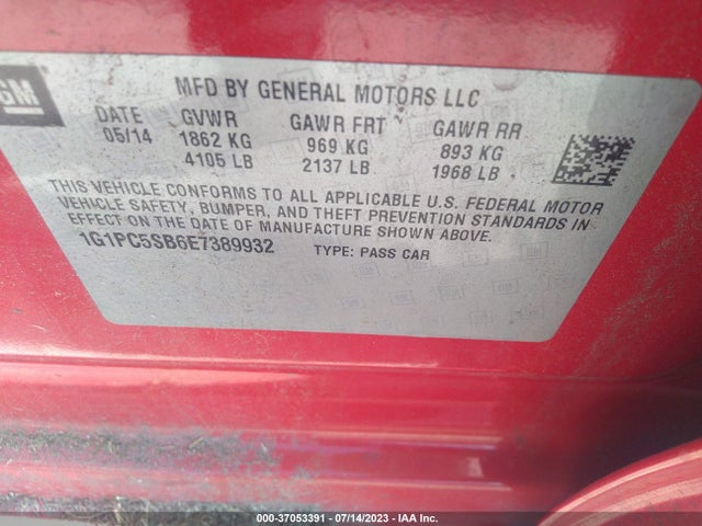 2014 CHEVROLET CRUZE 1LT VIN: 1G1PC5SB6E7389932