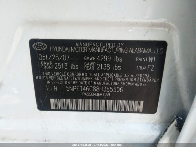 2008 HYUNDAI SONATA GLS VIN: 5NPET46C88H385506