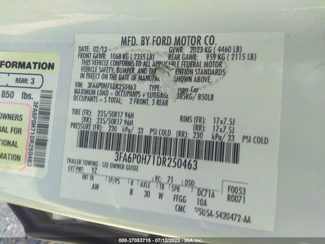 2013 FORD FUSION SE VIN: 3FA6P0H71DR250463