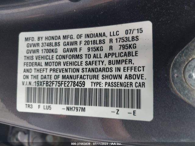 Honda Civic Sedan Se 2015 19XFB2F75FE278459 Image 9