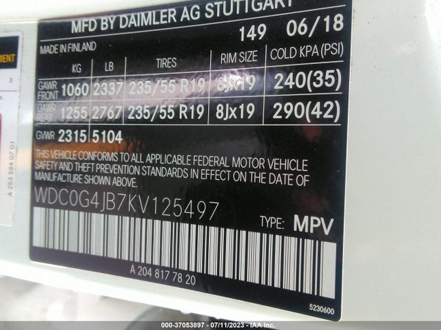 2019 MERCEDES-BENZ GLC GLC 300 VIN: WDC0G4JB7KV125497