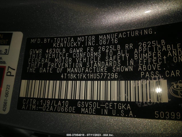 2017 TOYOTA CAMRY V6 VIN: 4T1BK1FK1HU577296