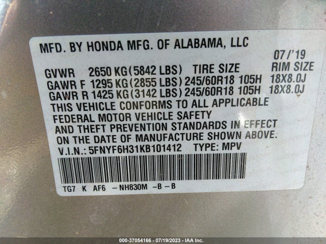 Honda Pilot Ex 2019 5FNYF6H31KB101412 Image 9