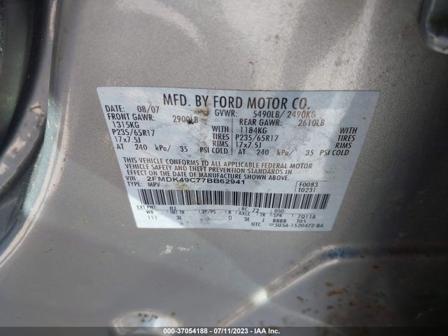 2007 FORD EDGE SEL PLUS VIN: 2FMDK49C77BB62941