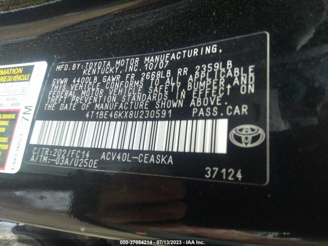 2008 TOYOTA CAMRY VIN: 4T1BE46KX8U230591