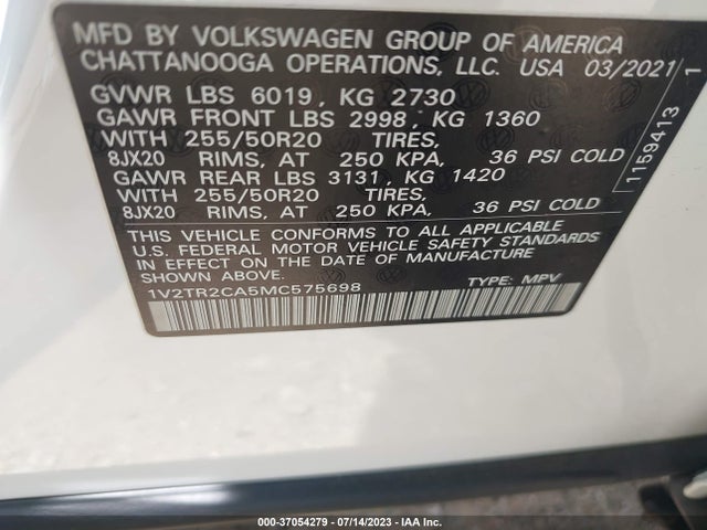 1V2TR2CA5MC575698 Volkswagen Atlas 3.6l V6 Sel Premium
