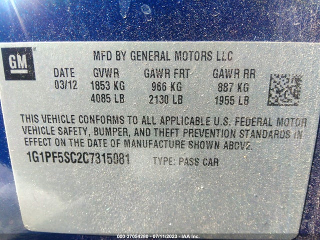 2012 CHEVROLET CRUZE LT W/1LT VIN: 1G1PF5SC2C7315081