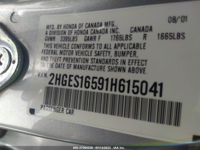 2001 HONDA CIVIC LX VIN: 2HGES16591H615041