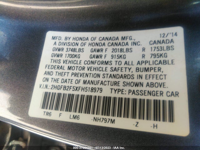 Honda Civic Sedan Lx 2015 2HGFB2F5XFH518979 Image 9