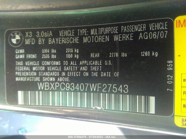2007 BMW X3 3.0SI VIN: WBXPC93407WF27543