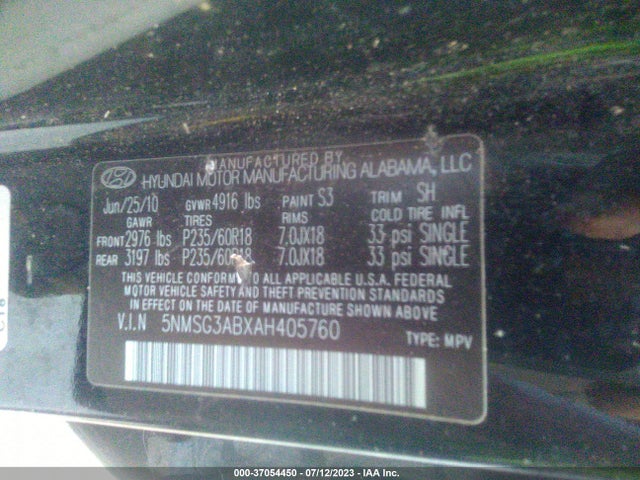 2010 HYUNDAI SANTA FE GLS VIN: 5NMSG3ABXAH405760