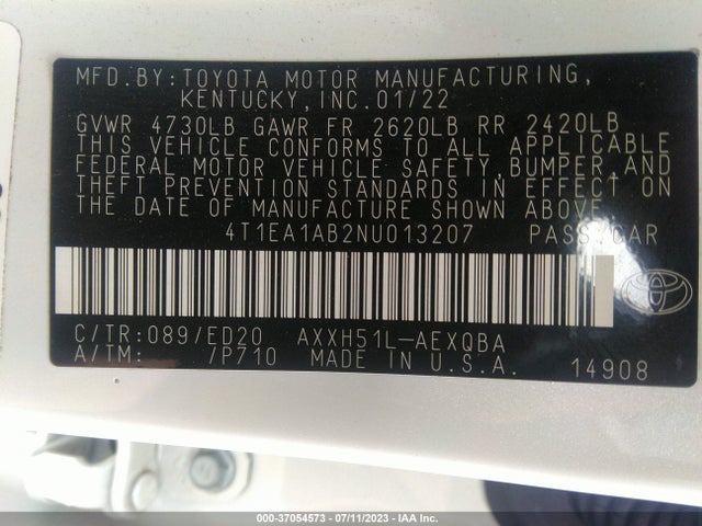 2022 TOYOTA AVALON HYBRID XSE NIGHTSHADE VIN: 4T1EA1AB2NU013207
