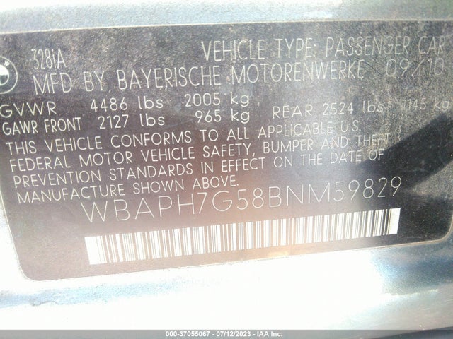 2011 BMW 3 SERIES 328I VIN: WBAPH7G58BNM59829