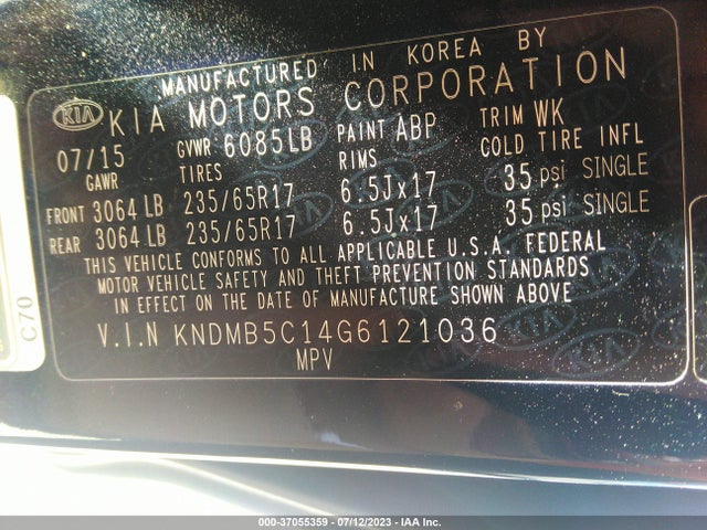 2016 KIA SEDONA LX VIN: KNDMB5C14G6121036