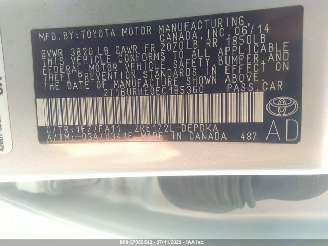 2014 TOYOTA COROLLA L/LE/S/S PLUS/LE PLUS VIN: 2T1BURHE0EC185360