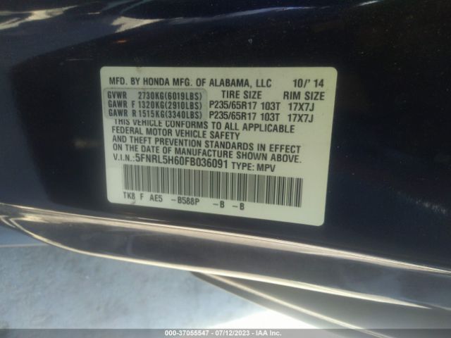 5FNRL5H60FB036091 Honda Odyssey Ex-l