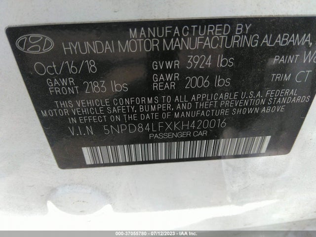 2019 HYUNDAI ELANTRA SEL VIN: 5NPD84LFXKH420016