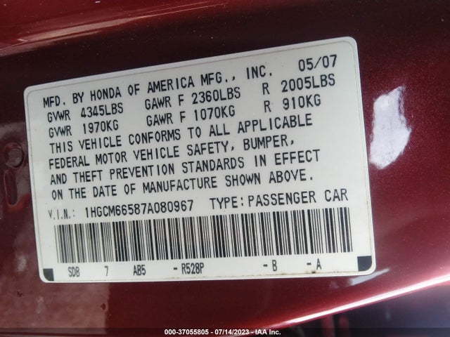 2007 HONDA ACCORD SDN EX-L VIN: 1HGCM66587A080967