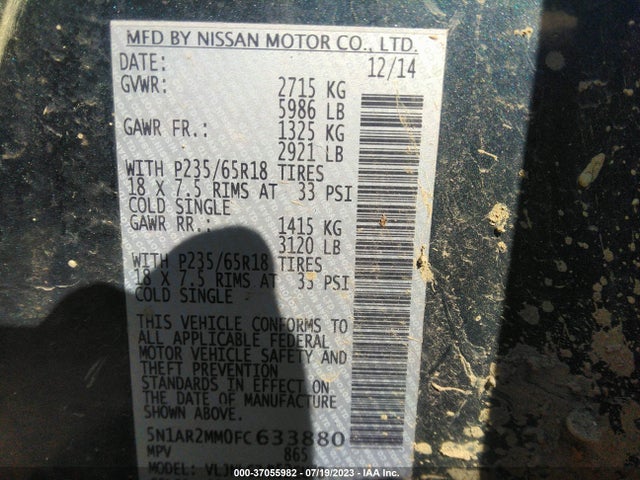 2015 NISSAN PATHFINDER SL VIN: 5N1AR2MM0FC633880