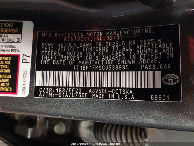 2012 TOYOTA CAMRY L/LE/SE/XLE VIN: 4T1BF1FK9CU538985