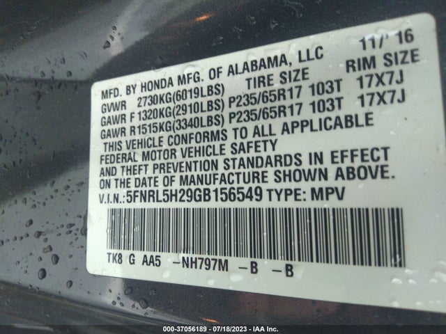 Honda ODYSSEY LX 2016 5FNRL5H29GB156549 Image 9