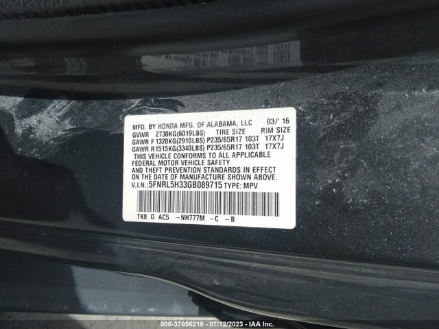 Honda ODYSSEY SE 2016 5FNRL5H33GB089715 Image 9