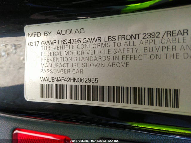 2017 AUDI A4 PREMIUM PLUS VIN: WAUENAF42HN062955