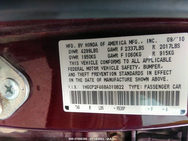 2011 HONDA ACCORD SDN LX-P VIN: 1HGCP2F46BA010822