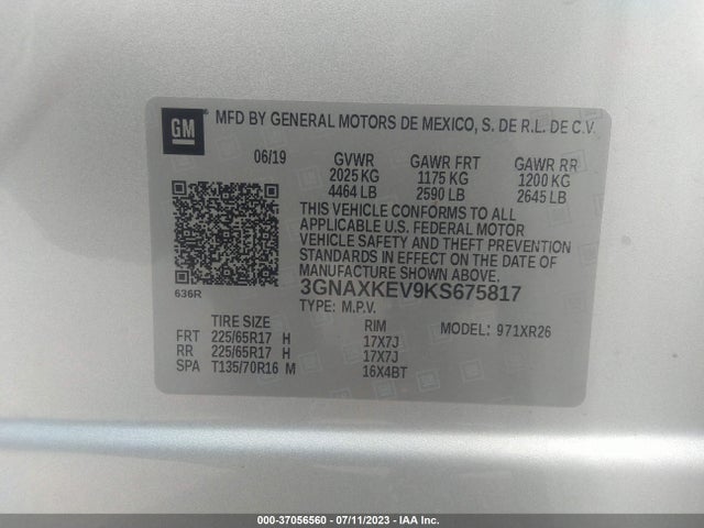 2019 CHEVROLET EQUINOX LT VIN: 3GNAXKEV9KS675817